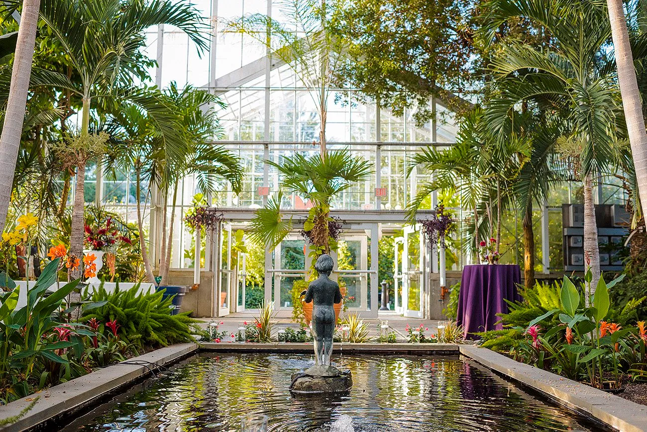 Roger Willams Botanical Garden entrance and fountain, lush with greenery on all sides and sunlight streaming through the windows of the greenhouse.